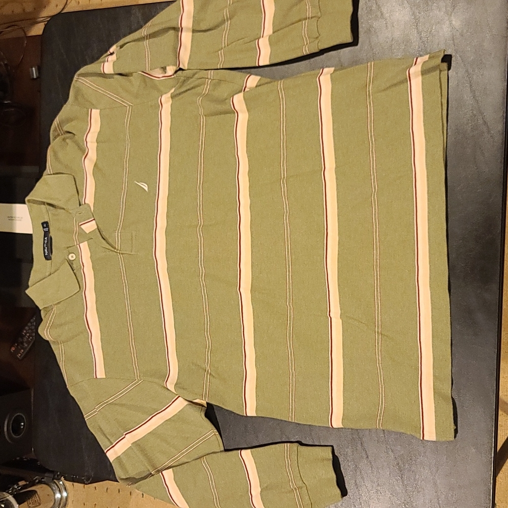 Nautica striped long sleeve polo olive green w/ stripes size XL